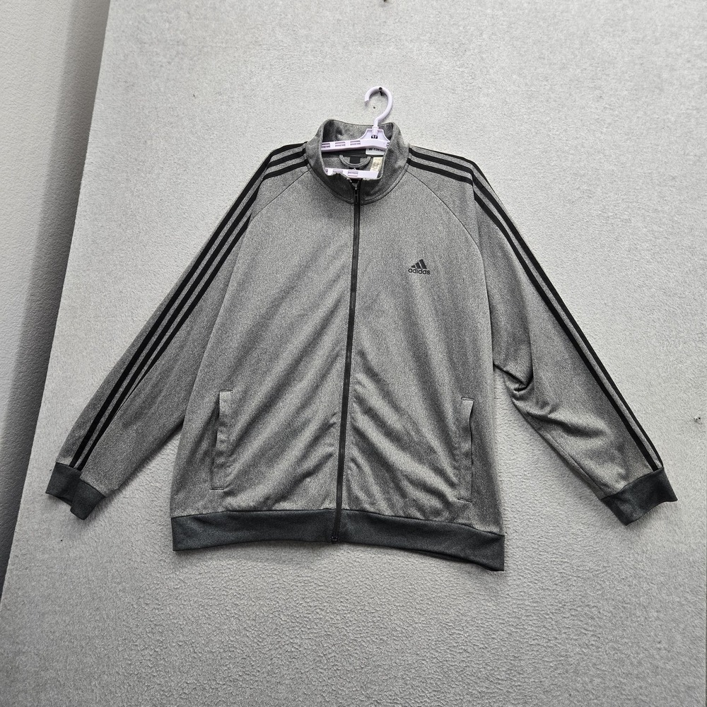 Adidas Men Jacket 2XL Gray Embroidered Activewear Zipper Logo Pockets Full Zip